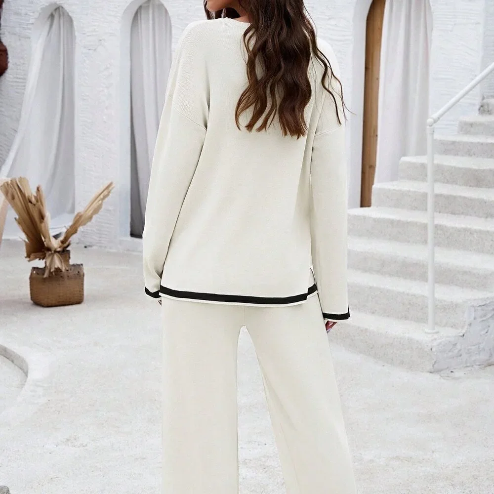 White Casual Women's Color Block Sweater Set